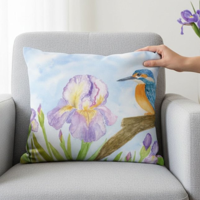 Watercolor Kingfisher with Purple Irises Decorative Cushion (Creator Uploaded)