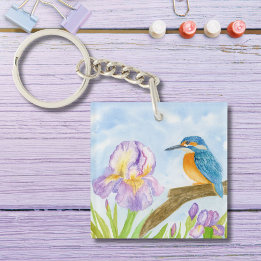 Watercolor Kingfisher with Purple Irises Key Ring