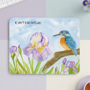 Watercolor Kingfisher with Purple Irises Mouse Pad