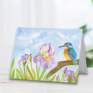 Watercolor Kingfisher with Purple Irises  Note Card