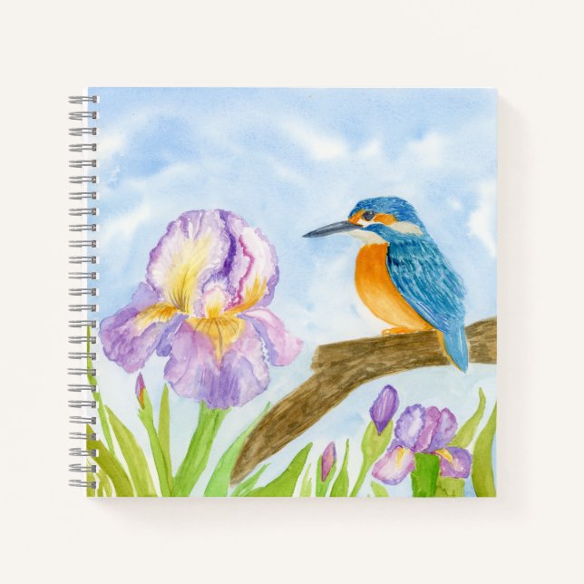 Watercolor Kingfisher with Purple Irises  Notebook (Front)