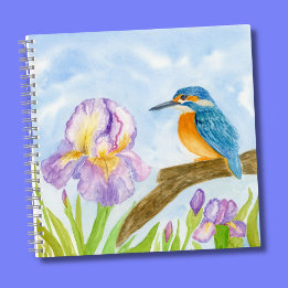 Watercolor Kingfisher with Purple Irises  Notebook