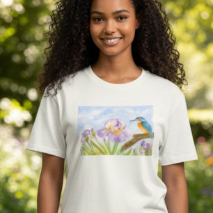 Watercolor Kingfisher with Purple Irises T-Shirt