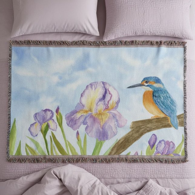 Watercolor Kingfisher with Purple Irises Throw Blanket (Creator Uploaded)