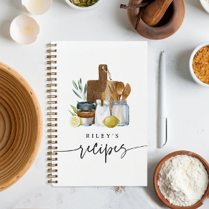 Watercolor Kitchen Supplies Personalised Recipe Notebook