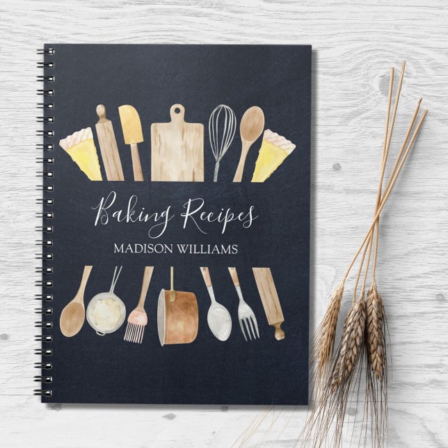 Watercolor Kitchen Utensils Black Baking Recipe Notebook (In situ)