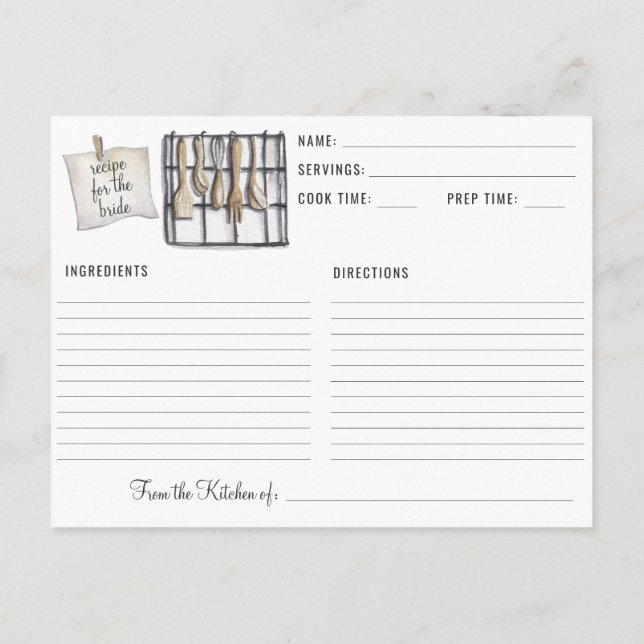 Watercolor Kitchen Utensils Bridal Shower Recipe Postcard (Back)