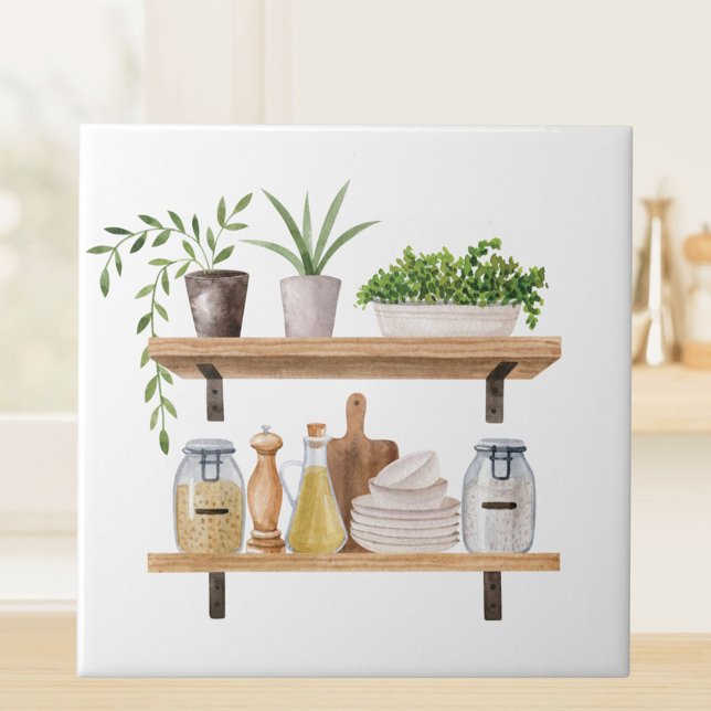 Watercolor Kitchen Utensils Scandinavian Style Ceramic Tile (Close up)