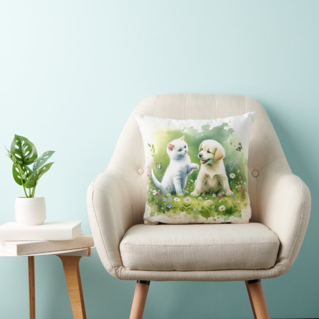 Watercolor Kitten and Puppy Cushion (Chair)