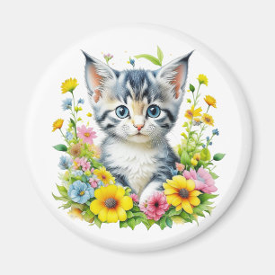 Watercolor Kitten Flowers Christmas Magnet