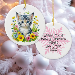 Watercolor Kitten Flowers Personalised Christmas Ceramic Ornament