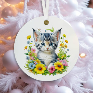 Watercolor Kitten Flowers Personalised Christmas Metal Tree Decoration