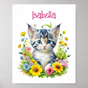 Watercolor Kitten Flowers Personalised Poster