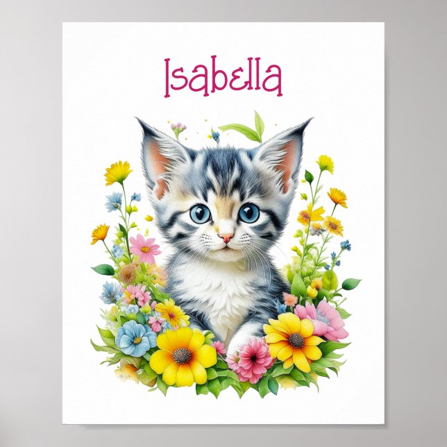 Watercolor Kitten Flowers Personalised Poster (Front)