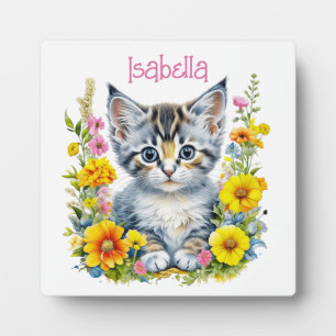 Watercolor Kitten in Flowers Personalised Plaque