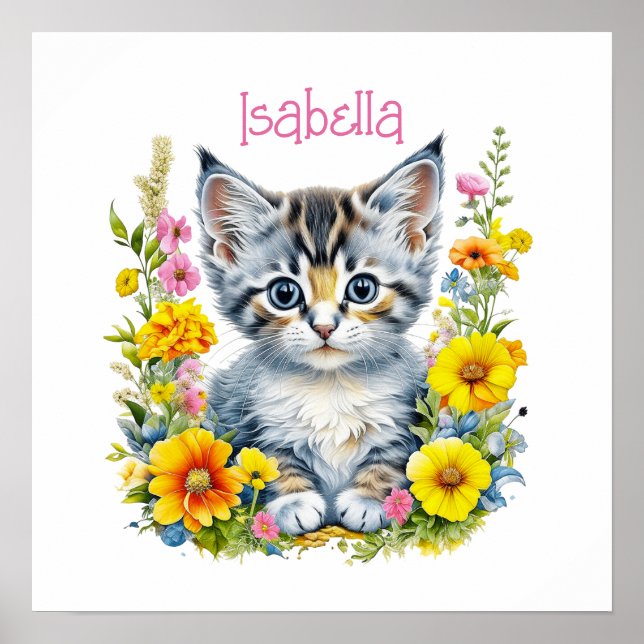 Watercolor Kitten in Flowers Personalised Poster (Front)
