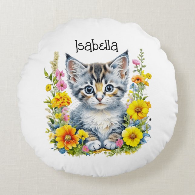 Watercolor Kitten in Flowers Personalised Round Cushion (Front)