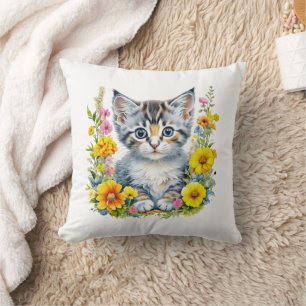 Watercolor Kitten in Pink and Yellow Flowers  Cushion