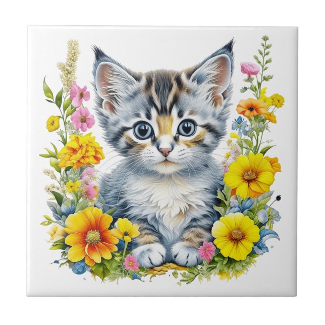 Watercolor Kitten in Yellow and Pink Flowers  Ceramic Tile (Front)