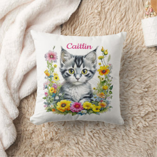 Watercolor Kitten in Yellow Flowers Personalised  Cushion