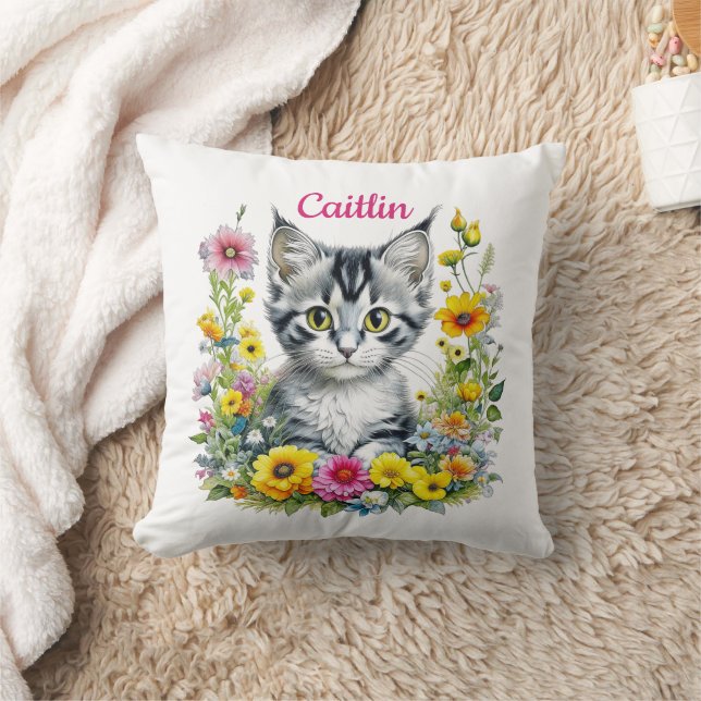 Watercolor Kitten in Yellow Flowers Personalised  Cushion (Blanket)