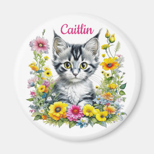Watercolor Kitten in Yellow Flowers Personalised  Magnet