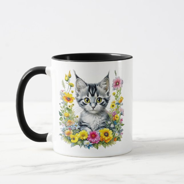 Watercolor Kitten in Yellow Flowers Personalised  Mug (Left)