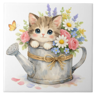 Watercolor Kitten inside Watering Can with Flowers Ceramic Tile