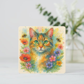 Watercolor kitten with flowers card