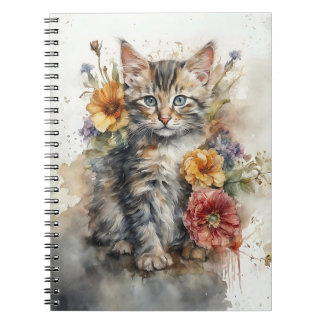 Watercolor Kitten with Wildflowers Spiral Notebook