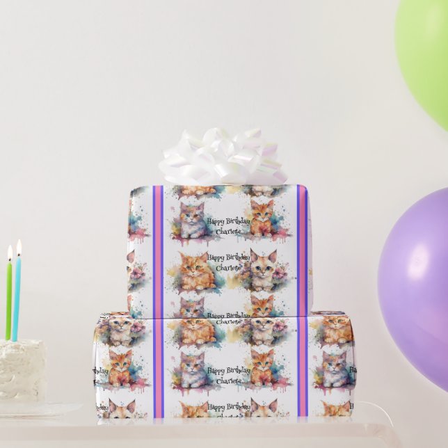 Watercolor Kittens Child's Name Birthday Gift Wrapping Paper (Party Gifts)