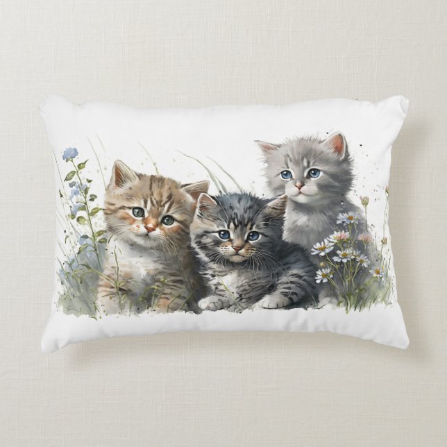 Watercolor Kittens in Wildflowers Decorative Cushion (Front)