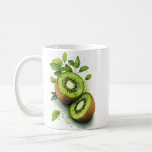 Watercolor Kiwi Fruit and Green Leaves Kitchen Coffee Mug