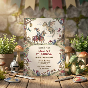 Watercolor Knight Dragon Fairytale Boy Birthday Invitation