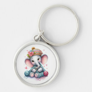 Watercolor knitting elephant key ring
