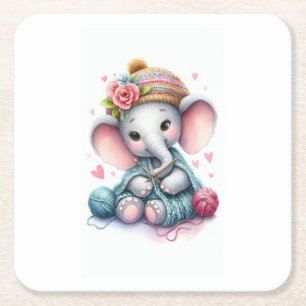 Watercolor knitting elephant square paper coaster