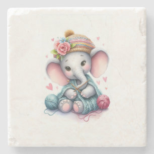 Watercolor knitting elephant stone coaster
