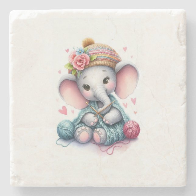 Watercolor knitting elephant stone coaster (Front)