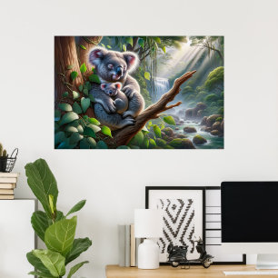 Watercolor Koala and Baby Joey in a Tree Painting Poster