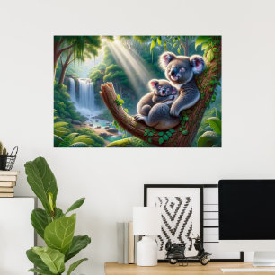 Watercolor Koala and Baby Joey in a Tree Painting Poster