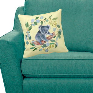 Watercolor Koala and Eucalyptus Wreath Cushion