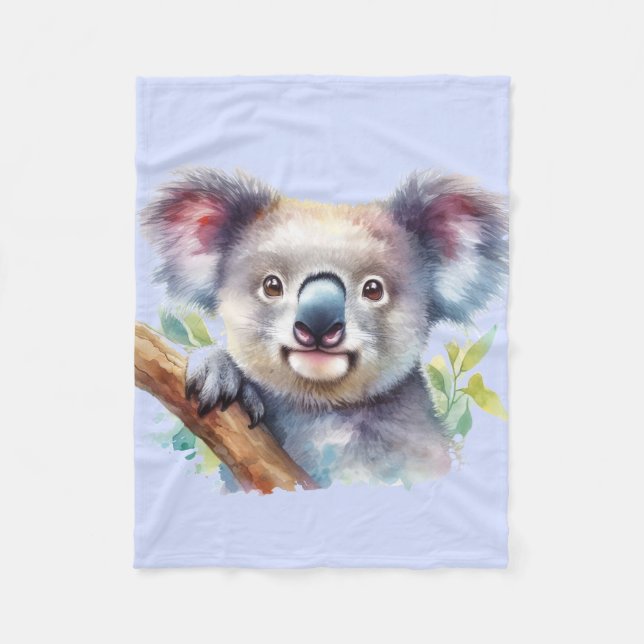 Watercolor Koala Bear Wildlife Animal Nature Art Fleece Blanket (Front)