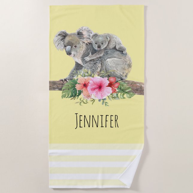 Watercolor Koala Bears Cute Mum & Baby Beach Towel (Front)