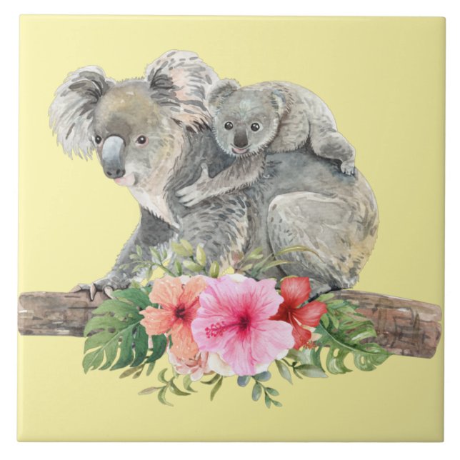Watercolor Koala Bears Cute Mum & Baby Ceramic Tile (Front)