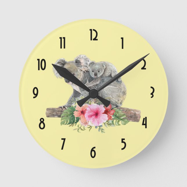 Watercolor Koala Bears Cute Mum & Baby Round Clock (Front)