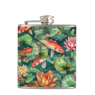 Watercolor Koi and Water Lilies Hip Flask