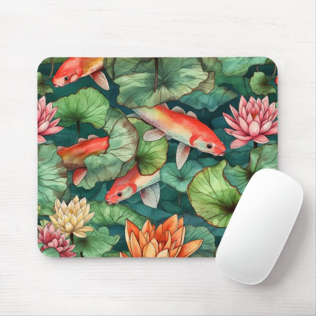 Watercolor Koi and Water Lilies Mousepad (With Mouse)