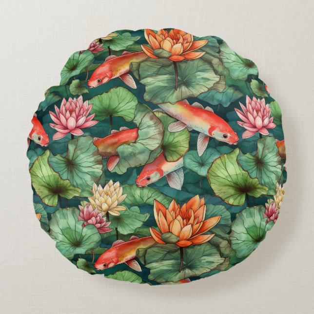Watercolor Koi and Water Lilies Round Pillow (Front)
