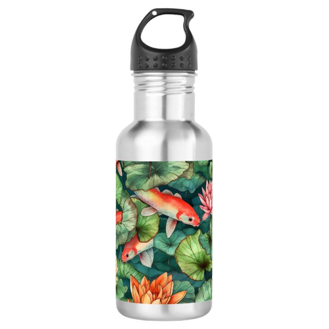 Watercolor Koi and Water Lilies Water Bottle (Front)