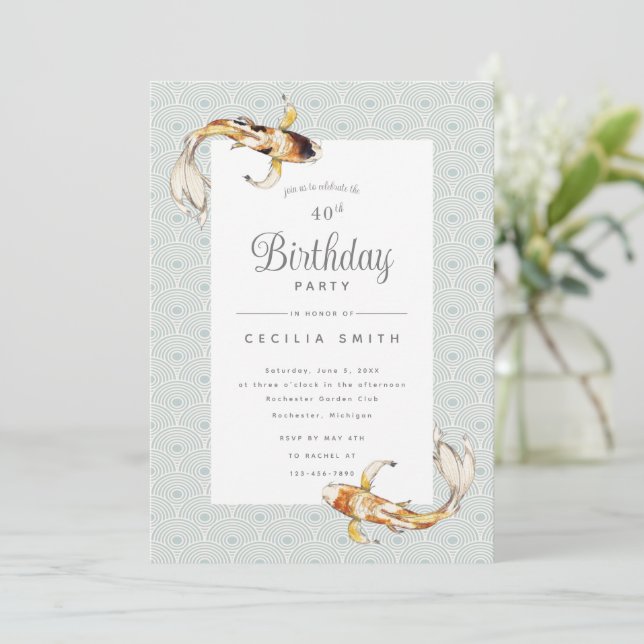 watercolor koi fish birthday party invitation (Standing Front)
